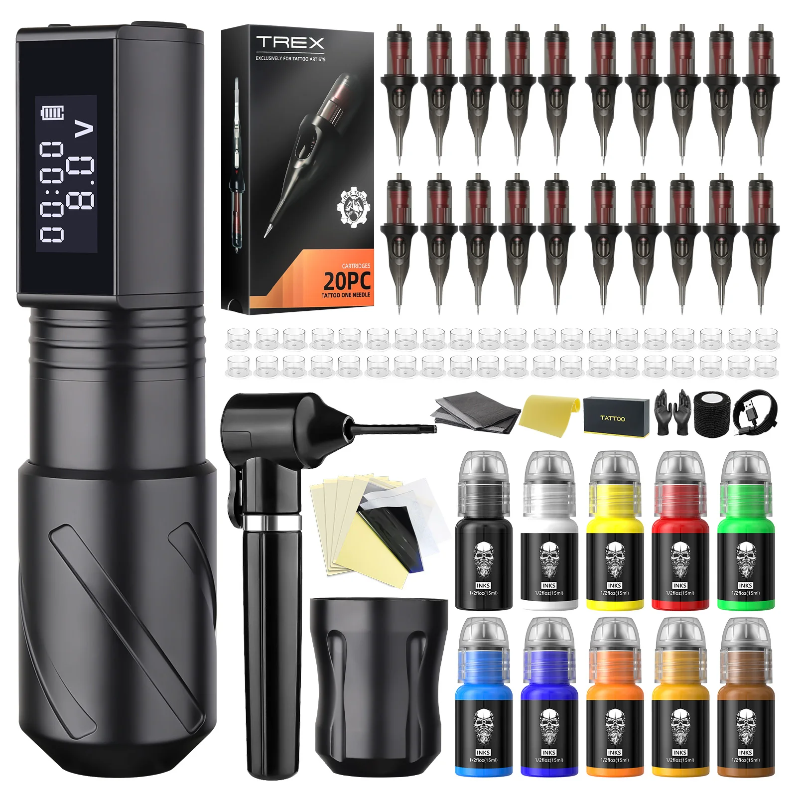 

Tattoo Kit T-Rex High Quality Tattoo Machine Kit, Wireless Rotating Tattoo Battery Pen Kit LED Digital Display Tattoo Gun Kit