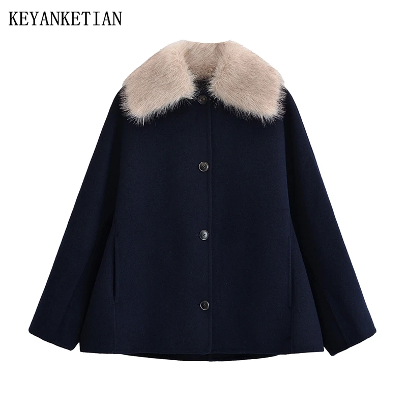

KEYANKETIAN Winter New Women's Clothing Detachable Fur Collar Single Breasted Side Pocket Long Sleeved Woolen Coat Women