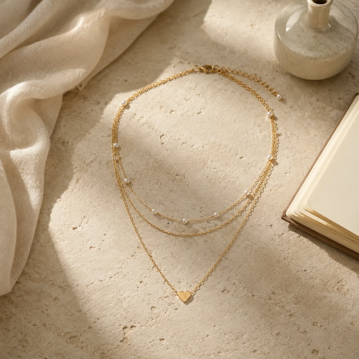 Mit Geschenkbox 3-Schichtige Perlenherz-Anhänger-Halskette für Frauen Goldfarben Mehrschichtige Kette Vintage Minimalistischer Schlüsselbeinschmuck – Detail 11