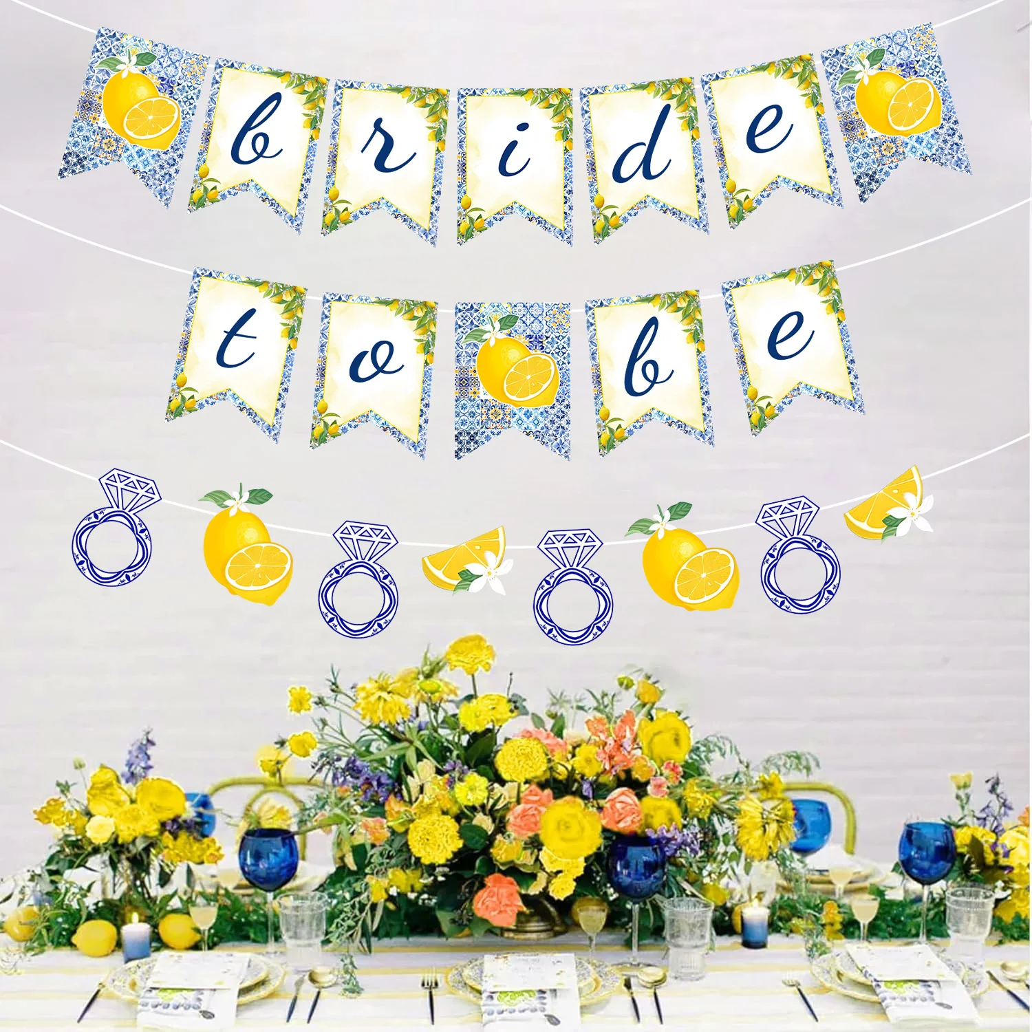 Decoraciones para Despedida de Soltera con Temática de Limón, Set de Pancartas Precolgadas 'Bride to Be' Estilo Costa de Amalfi, Azules con Limones Amarillos, para Despedida de Soltero