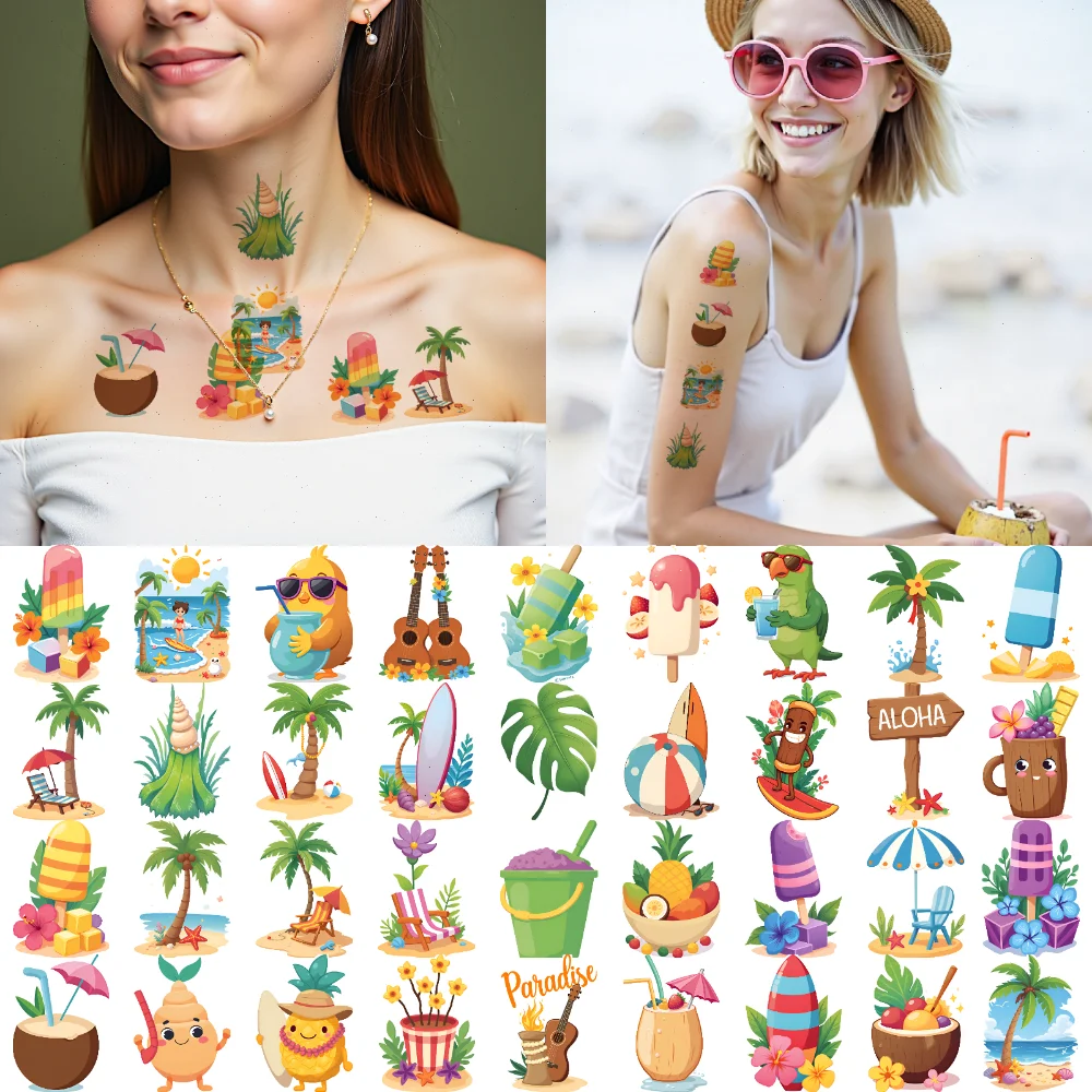 

63 шт., временные татуировки, тропические наклейки, водонепроницаемые долговечные наклейки для тела, летние наклейки для девочек и мальчиков, щеки