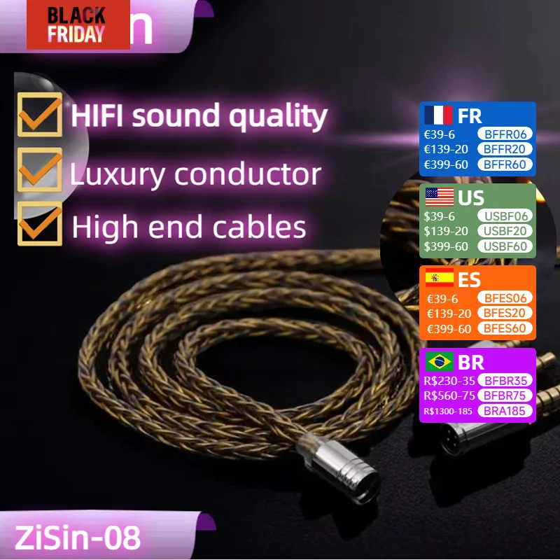 ZiSin-08 8-Core DIY Litz Earphone Upgrade Cable With Modularity IE900 2PIN MMCX 4PIN XLR For M5 Olina Fudu DZ4 Quintet F1 Pro