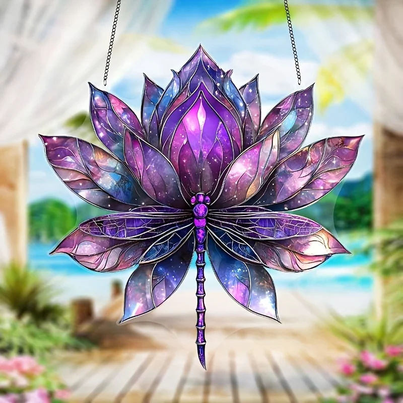 2D Acrylic Light Catcher Purple Lotus Dragonfly Design Fairy Tale Inspired Vivid Colors Window Bedroom Living Room Decor Gift