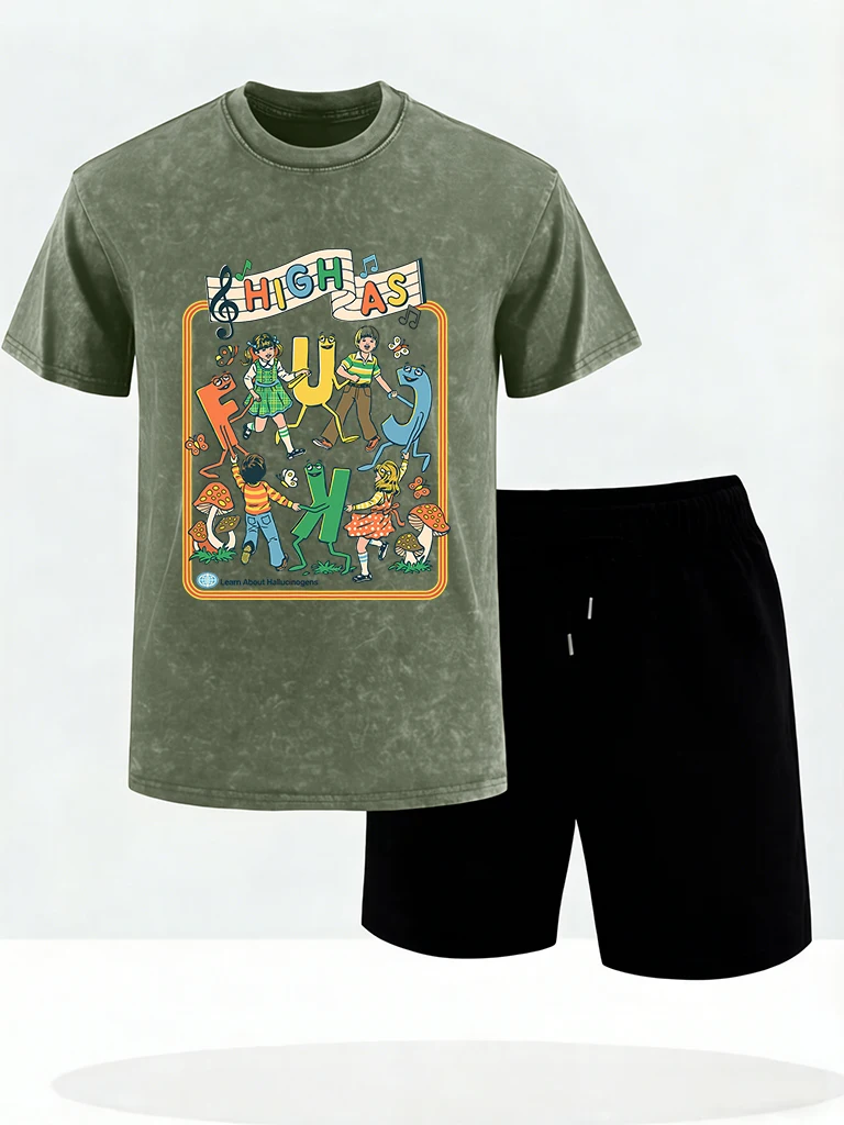 

Happy Playing Children Pattern Basic Washed T-Shirt Men Set Summer Cool Shorts Cotton Soft O-Neck Top Trendy Loose Short Sleeve