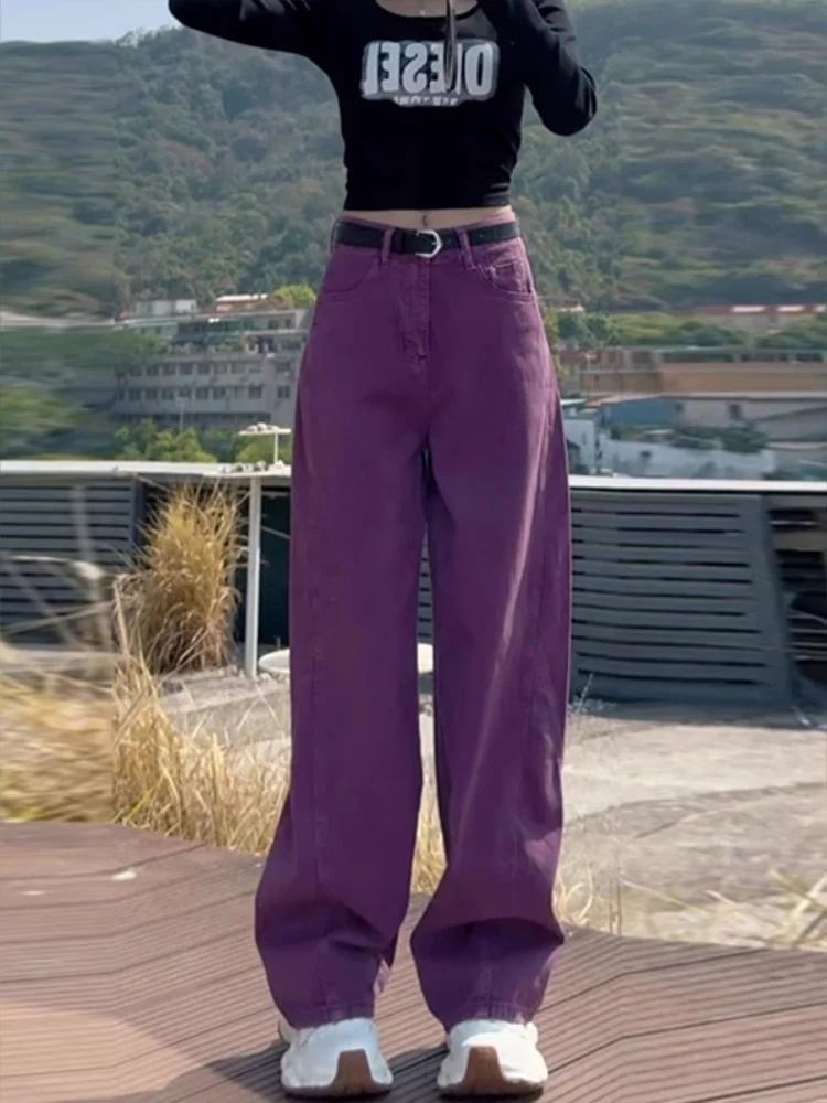Spodnie jeansowe plus size w kolorze fioletowym, luźne, z wysokim stanem, wyszczuplające, proste nogawki, codzienne, wygodne, dżinsowe, jesienne modne.