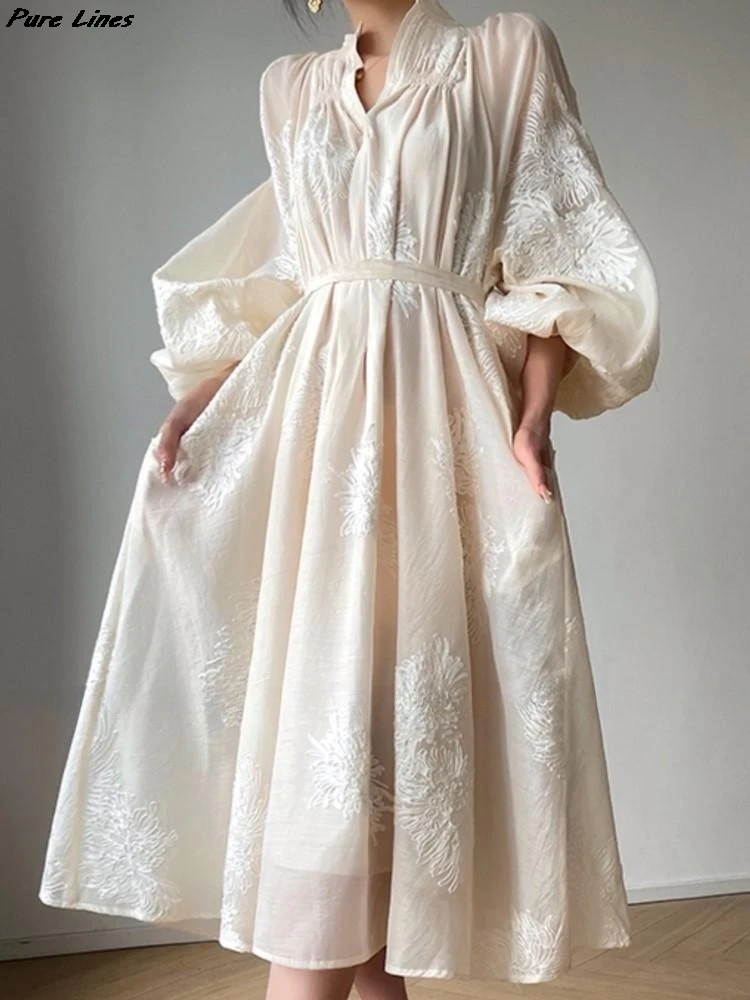 

Spring Summer Women Embroidery Evening Party Dresses Elegant Lantern Sleeve Vintage Casual ALine Dress New Female Vestidos Robe