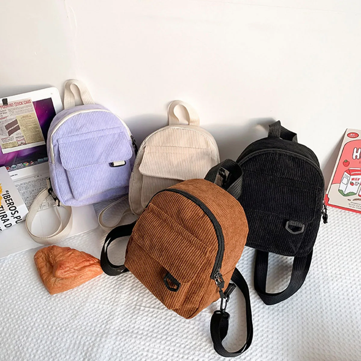 Women Corduroy Mini Backpack, Convertible Small Casual Rucksack, Versatile Crossbody Shoulder Bag for Daily Use
