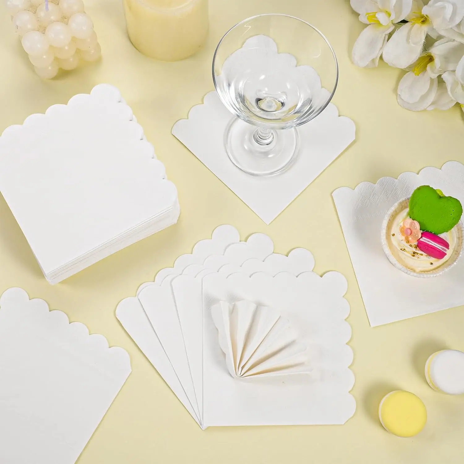 

50 Pcs Sage Green Napkins Scalloped Edged Dessert Cocktail Napkins Folded 5 X 5 Inches Disposable Napkins for Dinner Wedding