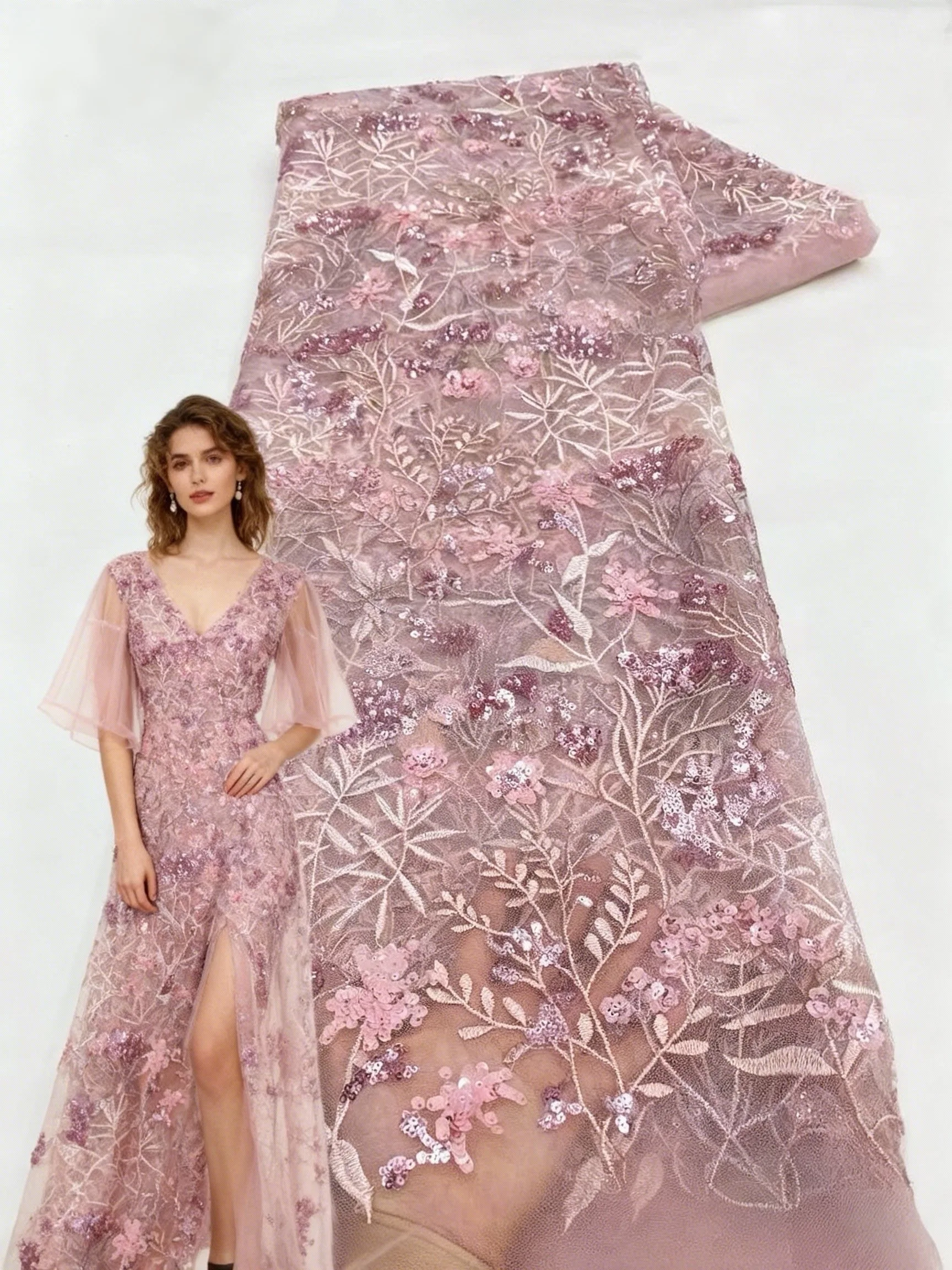 

African Luxury Sequins Lace Fabric 2025 High Quality Beads Pink Nigerian Mesh Lace Fabric French For Women Wedding Party Dresses
