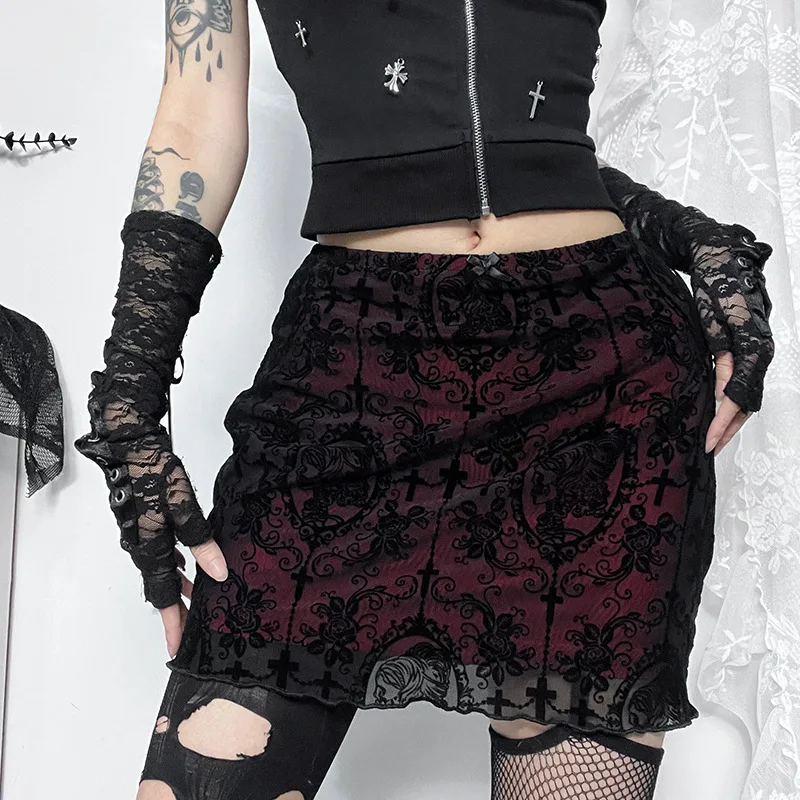 

2025 New Harajuku Vintage Punk Women Mesh Short Skirt Women Y2K Gothic Dark Temperament Sexy Velvet Double Layer Wrap Hip Skirts