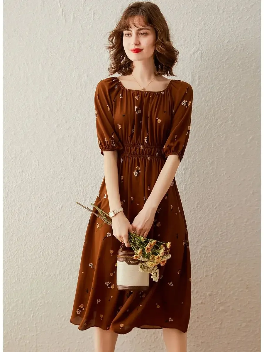 LOUIS YAO Women Dress 2024 Summer High Waist Floral Dress Square Neck Short Sleeve Elegant A-LINE Long Dress for Women