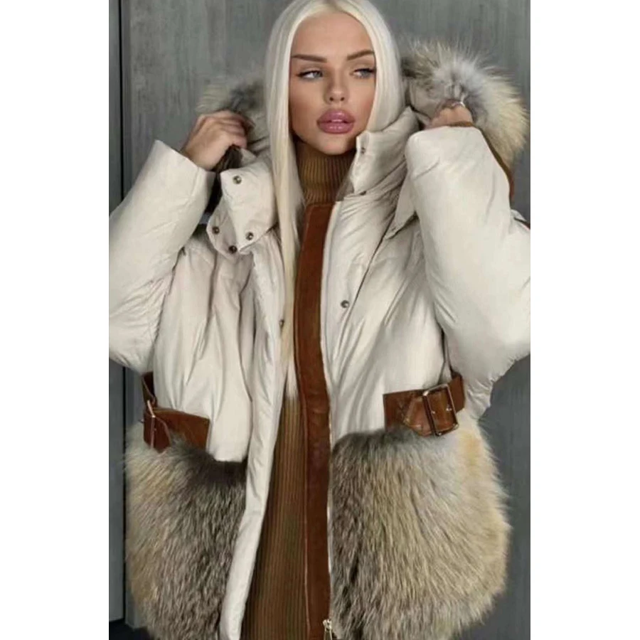 Real Fur Down Jacket Woman Winter Puffer Jacket Natural Fox Fur Trim Short Goose Down Coats With Hood