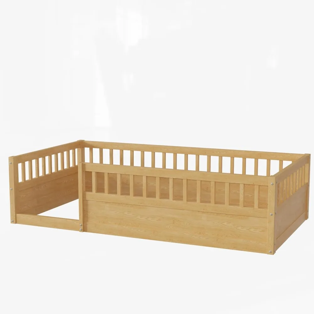 ROOMTEC Twin Size Montessori Bed with Fence, Toddler Floor Bed Frame with High Rails for Children Bedroom,Toddlers, Boys Girls