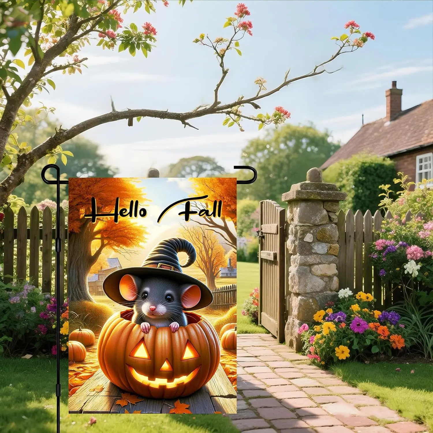 Halloween Welcome Witch Hat Garden Flag 12x18 Inch Double Sided | Mouse in Pumpkin Witch Hat for front door porch lawn patio uui