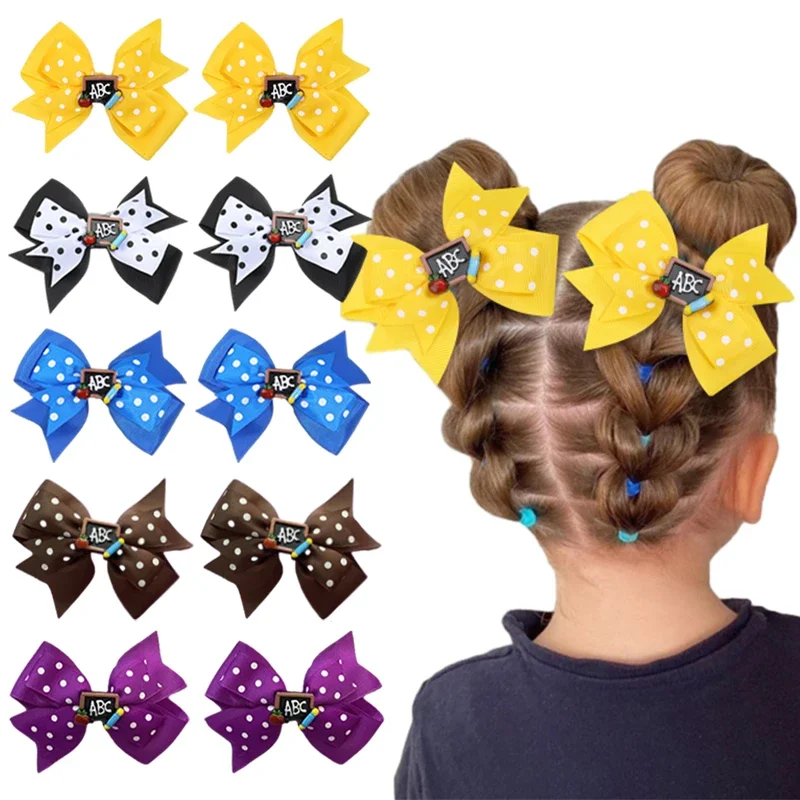 

ncmama 2Pcs Back To School Hair Bow Clips Cute Dot Print Bows Hairpins for Kids Girls Ribbon Bowknot Barrettes Hair Accessories