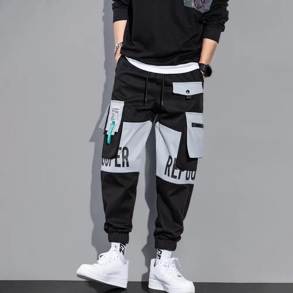 Loose Pants Men's Cargo Pants with Drawstring Waist Multiple Pockets Featuring Letter Print Ankle-banded Contrast Color for Any