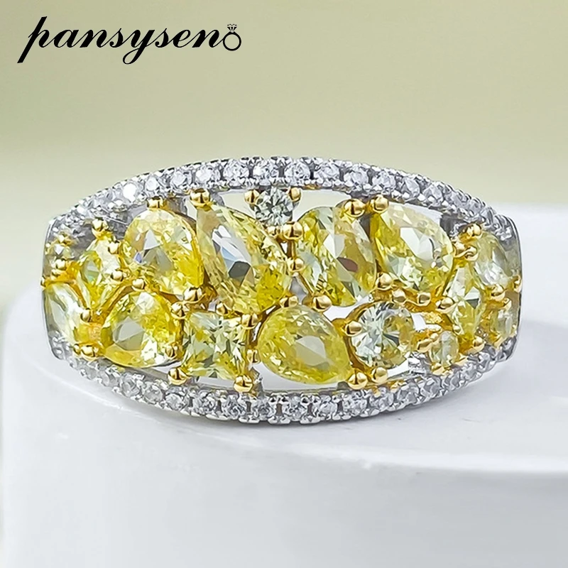 

PANSYSEN Sparkling 925 Sterling Silver Citrine High Carbon Diamond Finger Ring 18K White Gold Plated Women Wedding Party Jewelry