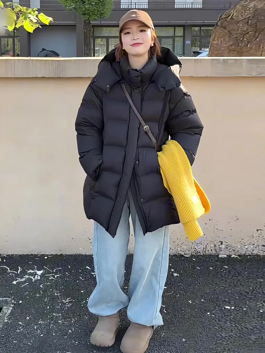 Chaqueta acolchada con capucha para mujer, abrigo largo holgado de pan, abrigo cálido con relleno de plumón, ropa de abrigo informal holgada para invierno