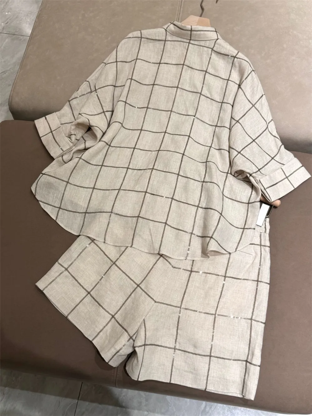 여름 신작 여성 리넨 반팔 셔츠 + 반바지 패션 다목적 상쾌한 캐주얼 투피스 세트