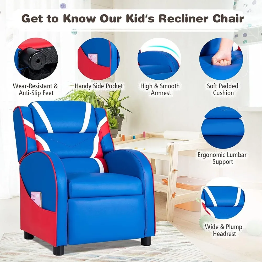 Kids Recliner, Youth Gaming Recliner w/Headrest, Footrest, Lumbar Support, Side Pockets, Adjustable Recliner Sofa for Kids