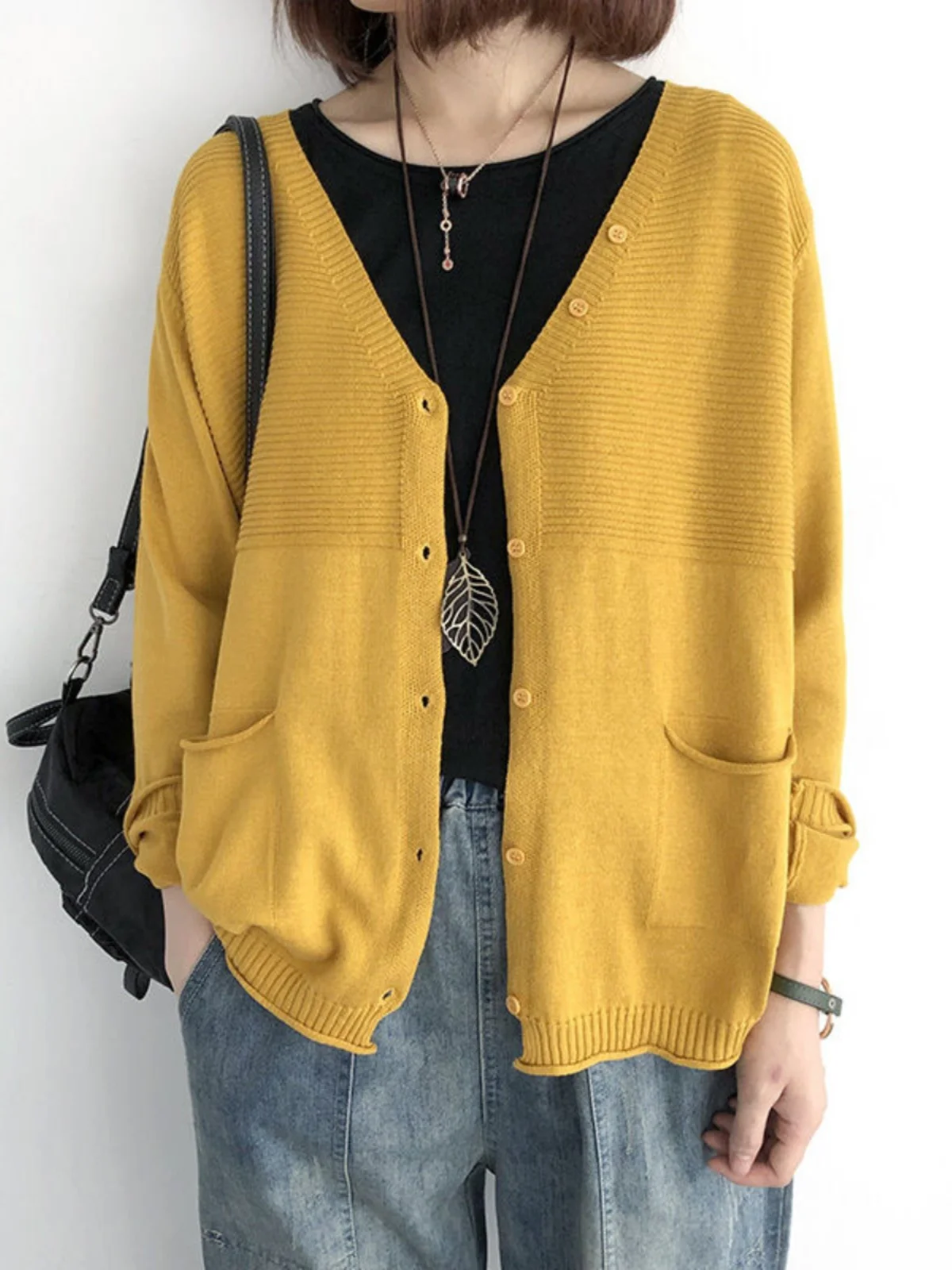 

Loose Knitted Open Cardigan Casual Long Sve V-Ne Top Thin Outerwear for Women Early Autumn New Sle Artistic Leisurewear