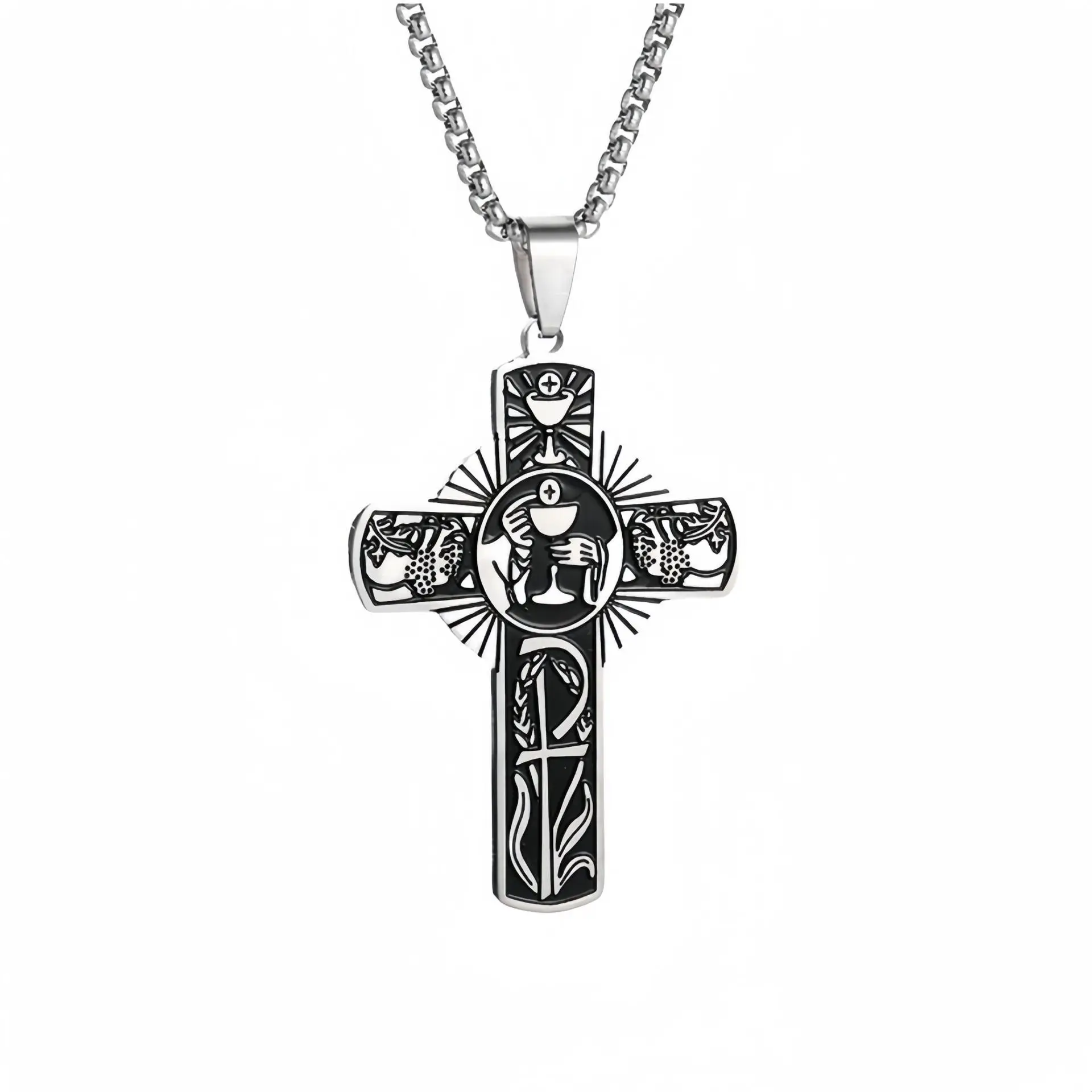 

Holy Eucharist Halo Grape Juice Jesus Cross Stainless Steel Pendant Necklace for Women/Men Religious Christian Necklaces Jewelry