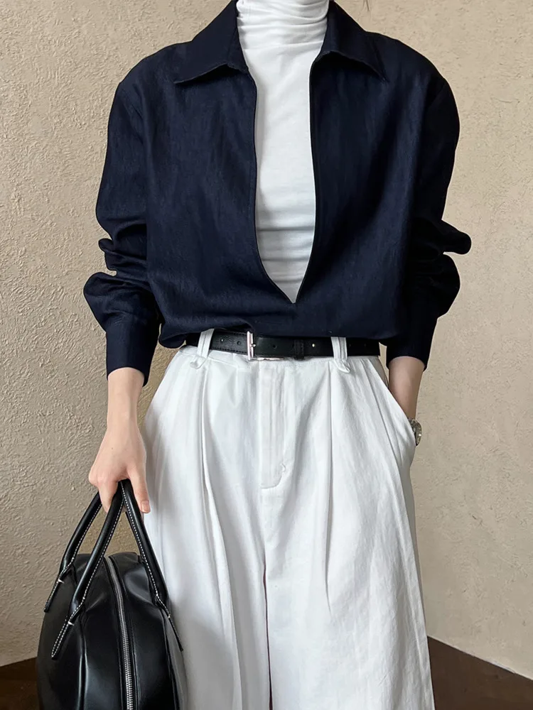 BJTZ Casual Versatile V-neck Shirt & Blouse Women's Fashionable Imitation Denim Outer Top 2025 Spring Summer New Trendy