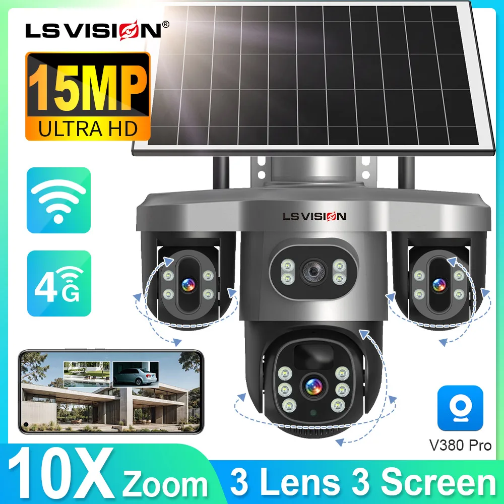 LS VISION V380 Pro 3 Lens IP Solar Camera  4G 15 MP Outdoor WIFI Waterproof CCTV Night Vision Two-Way Audio Camera AI Tracking