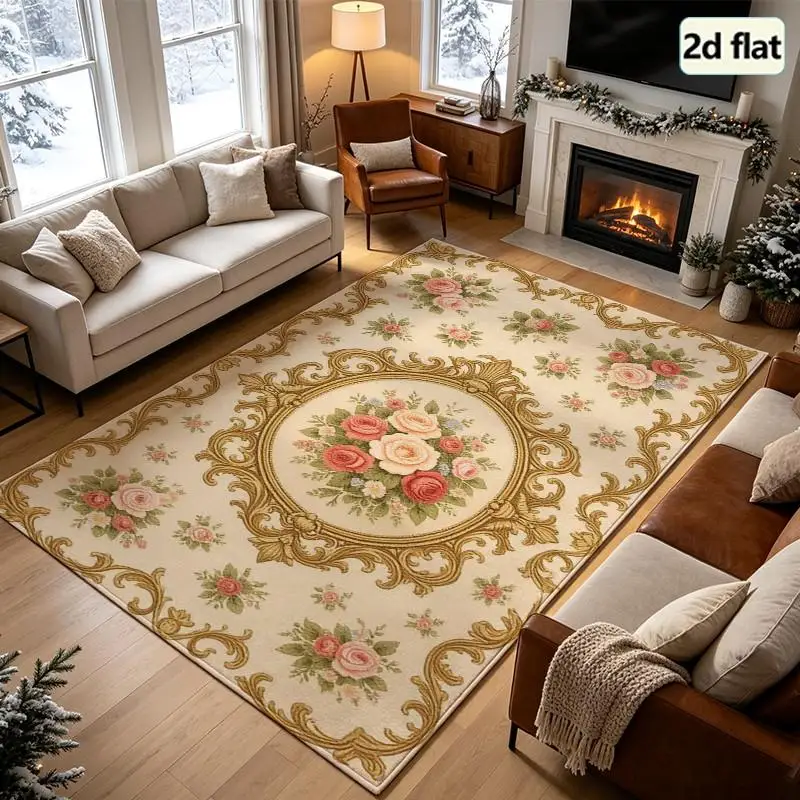1pc Vintage Floral Rococo-style Carpet, Soft Comfortable, All Seasons, Easy To Maintain, Home Decor, Living Room, Bedroom, Dining Room, Autumn, Winter