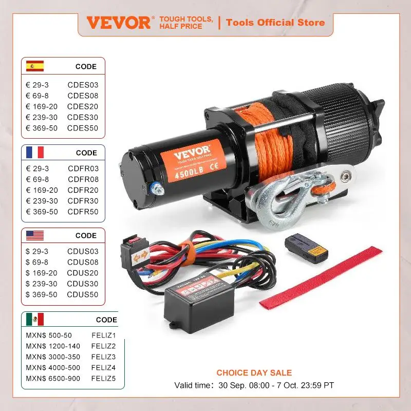 VEVOR 4500lbs ATV/UTV Electric Winch 12V DC with 39 ft Synthetic Rope Wireless & Wired Remote Control IP55 Waterproof for Jeeps