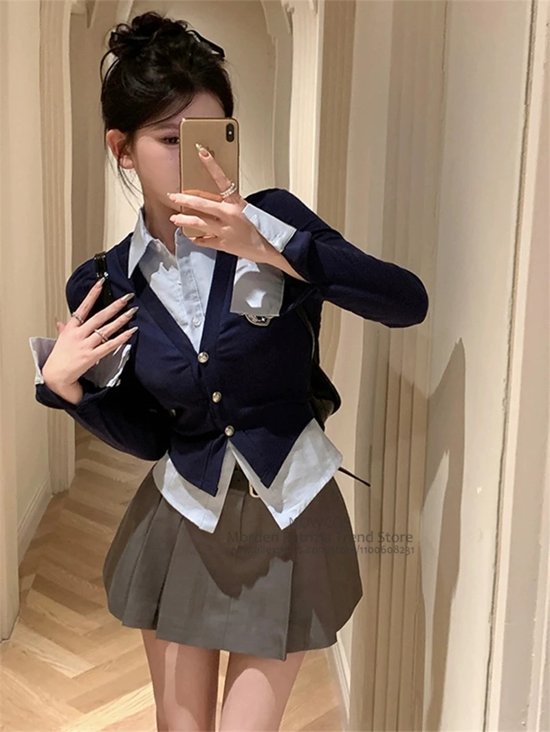 Preppy Style 2024 New Spring Women coreano JK Uniform Set manica lunga Navy Mock camicia A due pezzi Top Jacket A line gonna Suit Girl