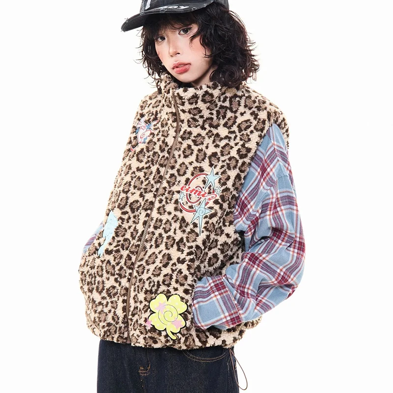 Leopard Embroidery Vests Women Vintage Streetwear Sleeveless Japanese Coats Sweet Loose Casual Y2K Cartoon Preppy Female Tops