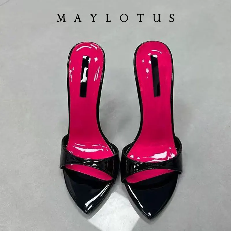 Size 35-46 Patchwork Stiletto Heel Slippers Newest Pointed Open Toe One Strap Thin Heel Slip-on Sandals Sexy Dress Mules
