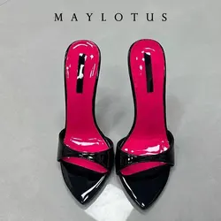 Size 35-46 Patchwork Stiletto Heel Slippers Newest Pointed Open Toe One Strap Thin Heel Slip-on Sandals Sexy Dress Mules