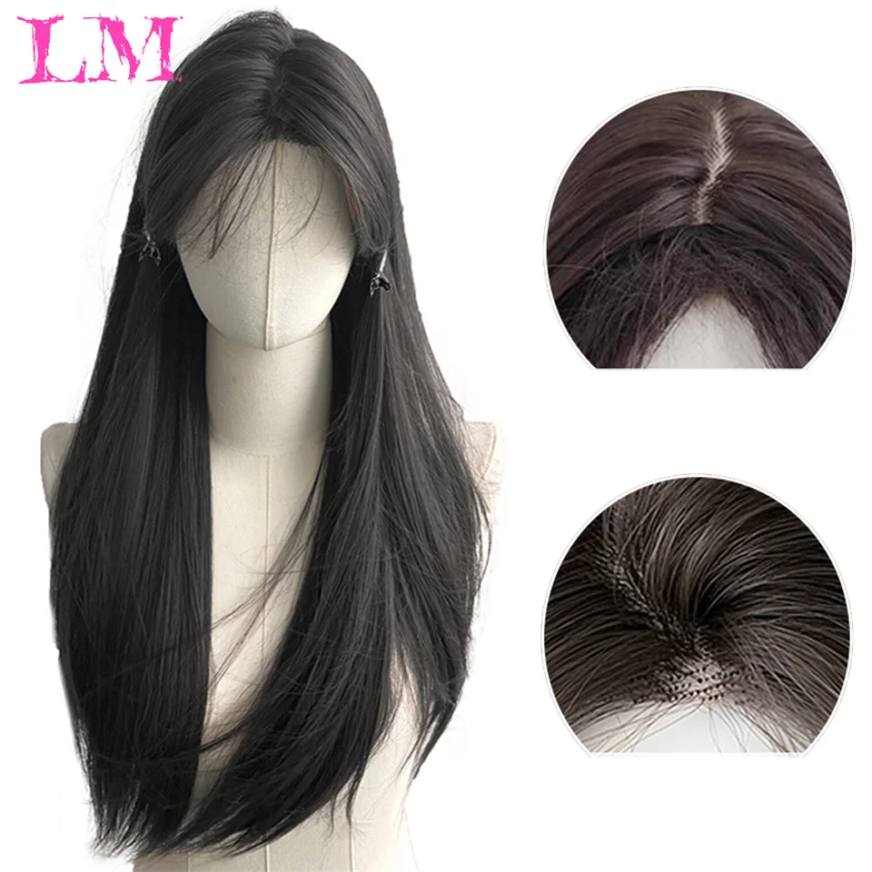 LM الاصطناعية اللون الأزرق بيروكات صناعية الجزء الأوسط طويل شعر مستعار طبيعي متموج للنساء تأثيري سحب الملكة حفلة مقاومة للحرارة