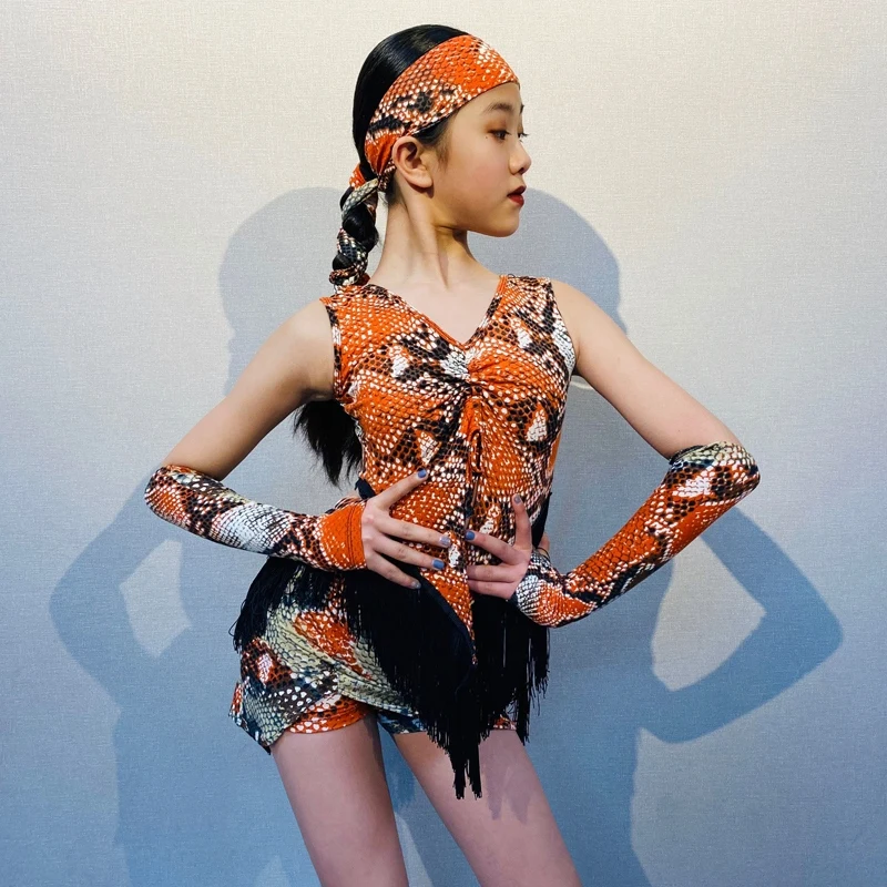 

Orange Snake Pattern Latin Dance Costume For Girl Tango Samba Dance Practice Clothes Kids Cha Cha Stage Performance Wear VBH1300