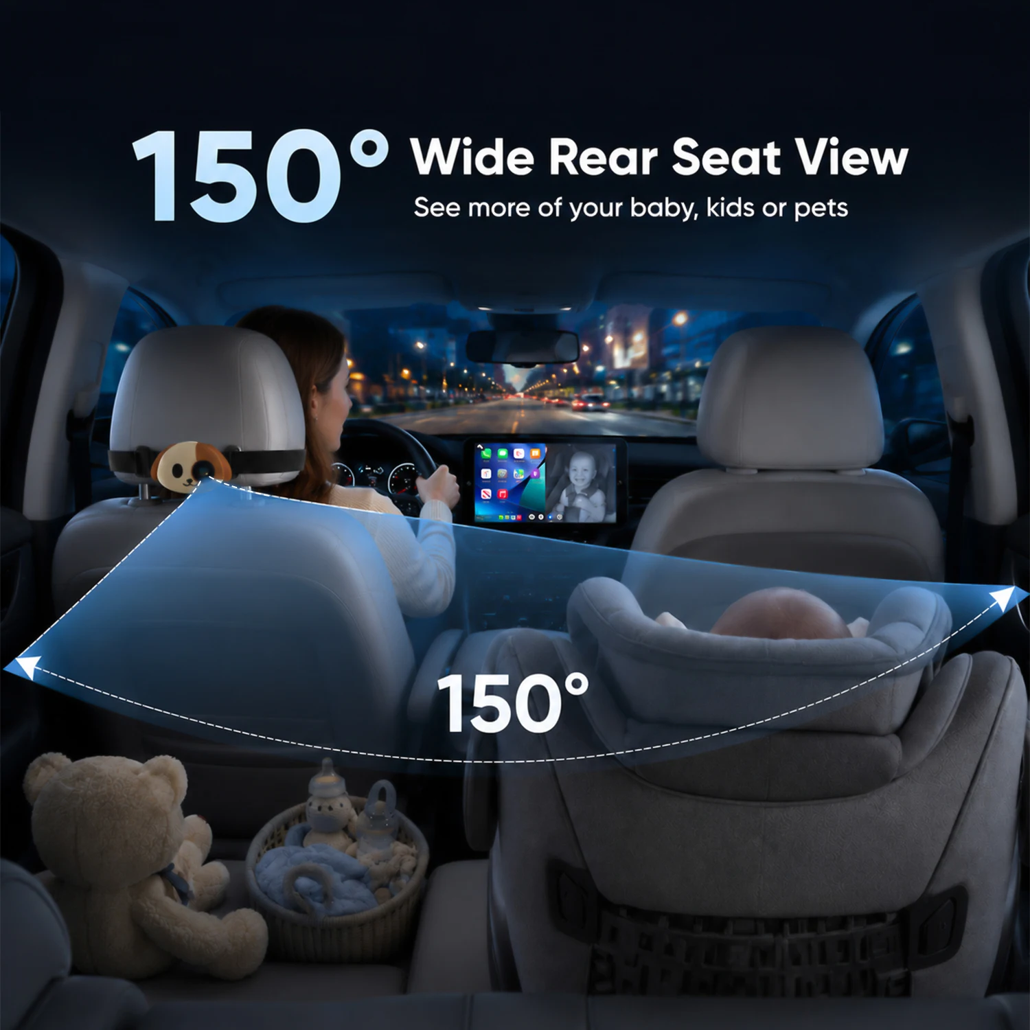 Cabin Care Baby Car Camera Wireless Carplay Adapter 1080P 150° Wide Angle Night Vision Back‑Seat Monitor Easy Install
