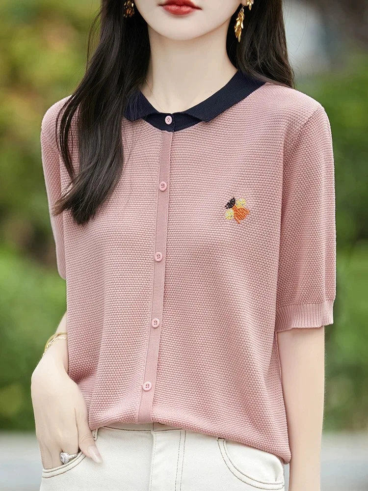 Ele geborduurd zwaar werk Ne gebreide ort Sve dunne zomerbovenkleding zijden f Sve top voor dames