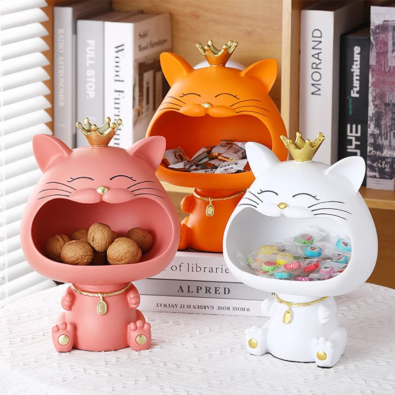 

Creative Big Mouth Cat Resin Figurine Large Storage Box Desktop Ornament Nordic Animal Sculpture Living Room Decor Key Storage