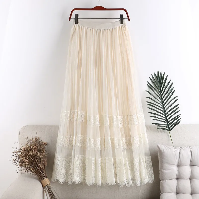 

Кружевная юбка-миди больших размеров трапециевидной формы со складками для женщин с высокой талией, однотонная, для поездок на работу, летний сезон