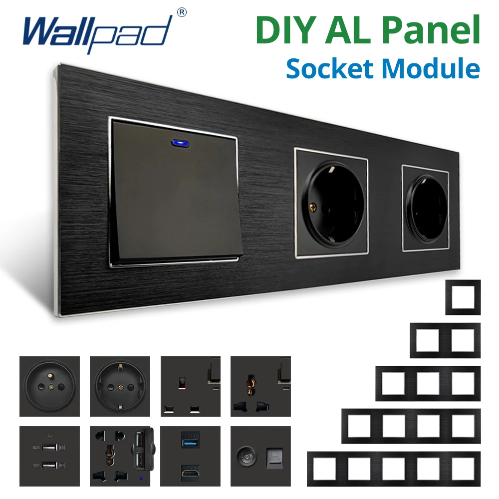 Wallpad DIY Module Black Aluminum Panel Wall Power Socket Electrical Outlet Function Key Free Combination