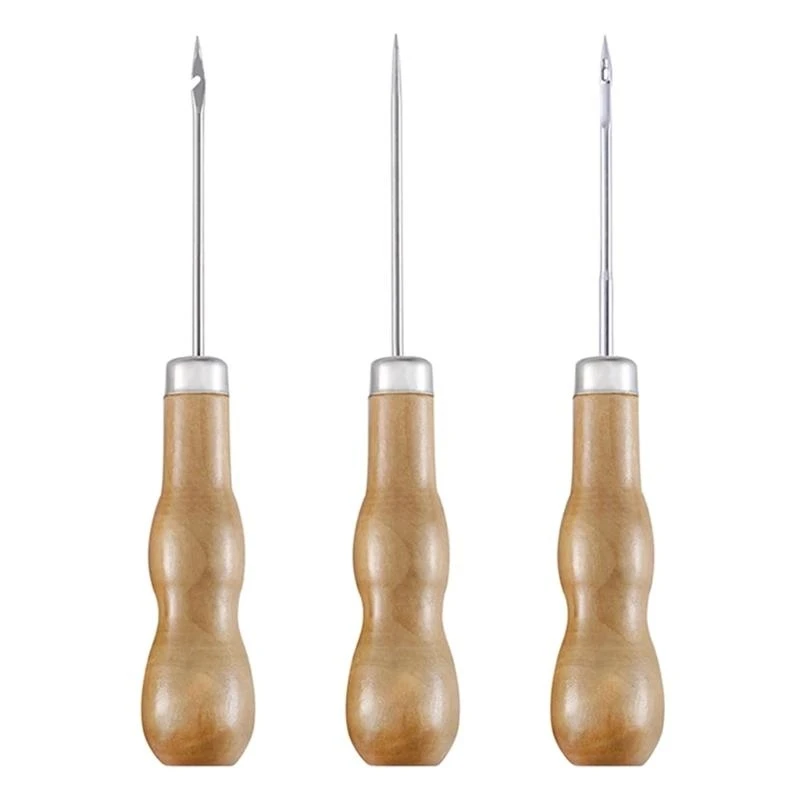 Professional Leather Wooden Handle Awl Tool Stitching Sewing Hand Tools Accessories Pin Punching for Leather Hole