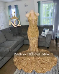 Gold Halter Long Prom Dresses For Black Girls Bead Crystal Rhinestone 2024 Birthday Luxury Dress Sequined Evening Dresses