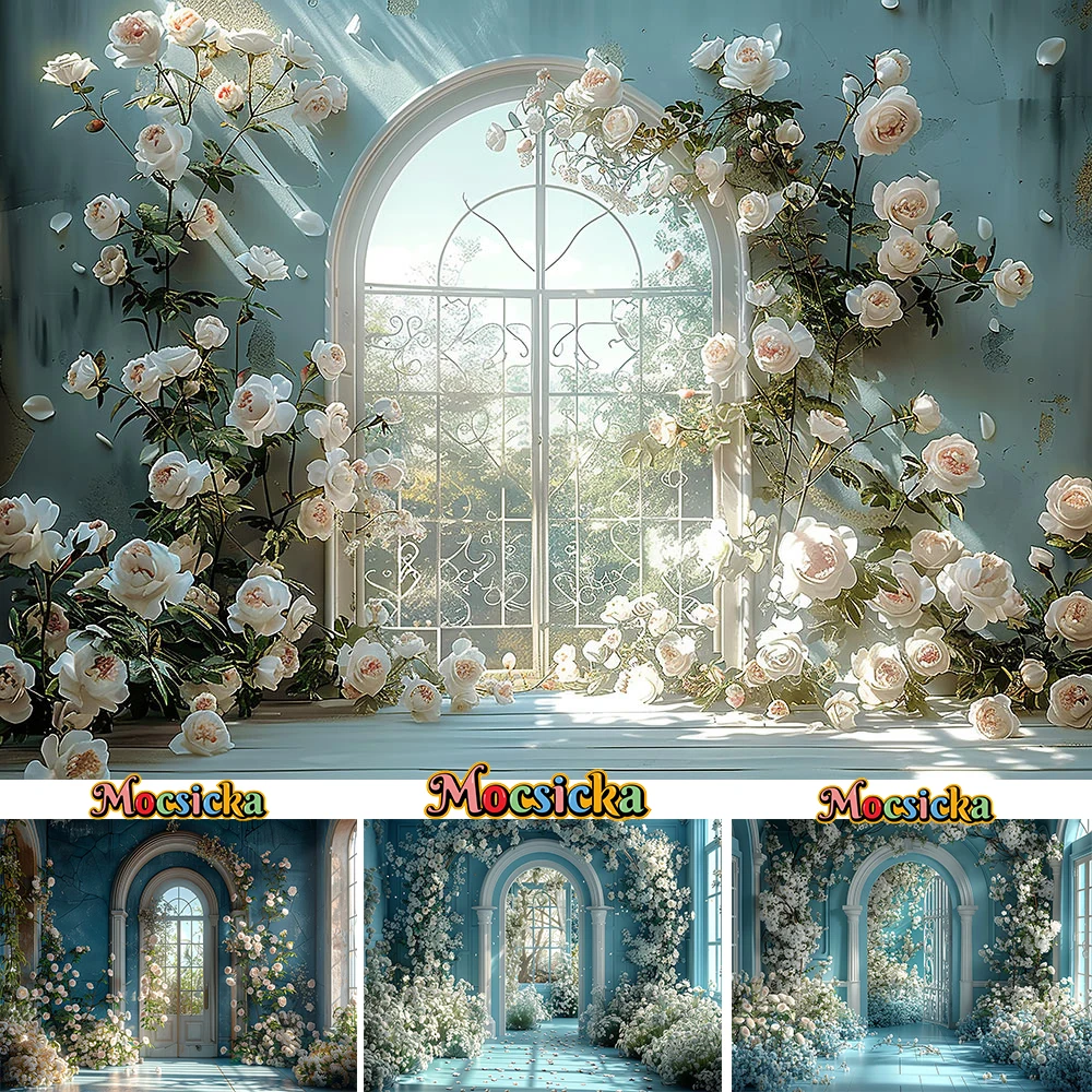 Wedding Photography Background White Flowers Sunlight Decor Window Backdrop Girl Baby Show Birthday Portrait Blue Wallpaper Prop