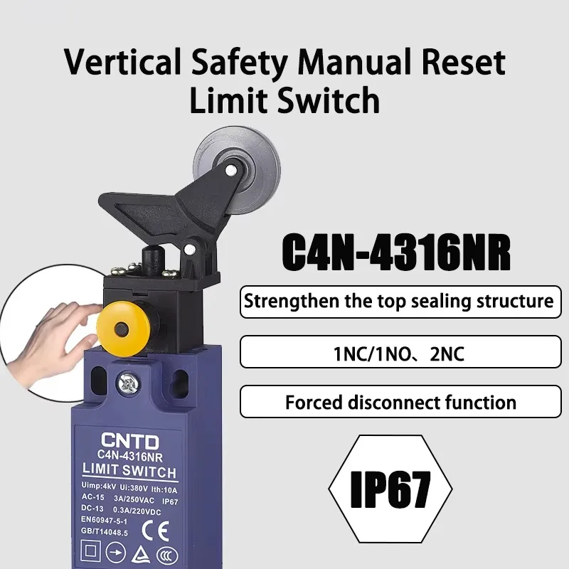 CNTD C4N-4316NR IP67 Vertical Safety Limit Switch SPDT Contact Screw Terminals Quick-Action Roller Lever Manual Reset 250Vac Max