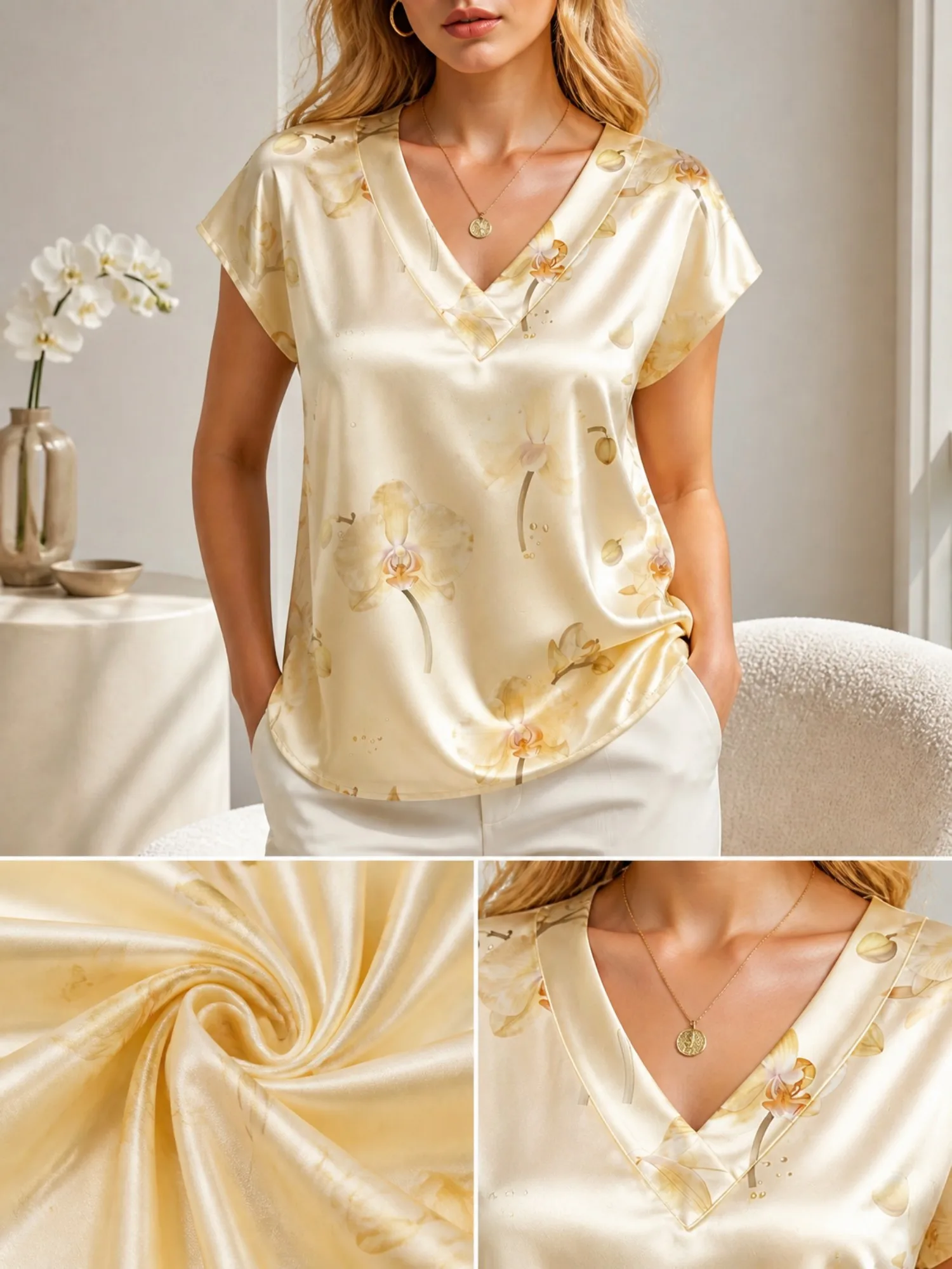 Floral Satin V Neck Top for Women Cap Sleeve Pullover Draped Fit Casual Summer Resort Wear Lightweight