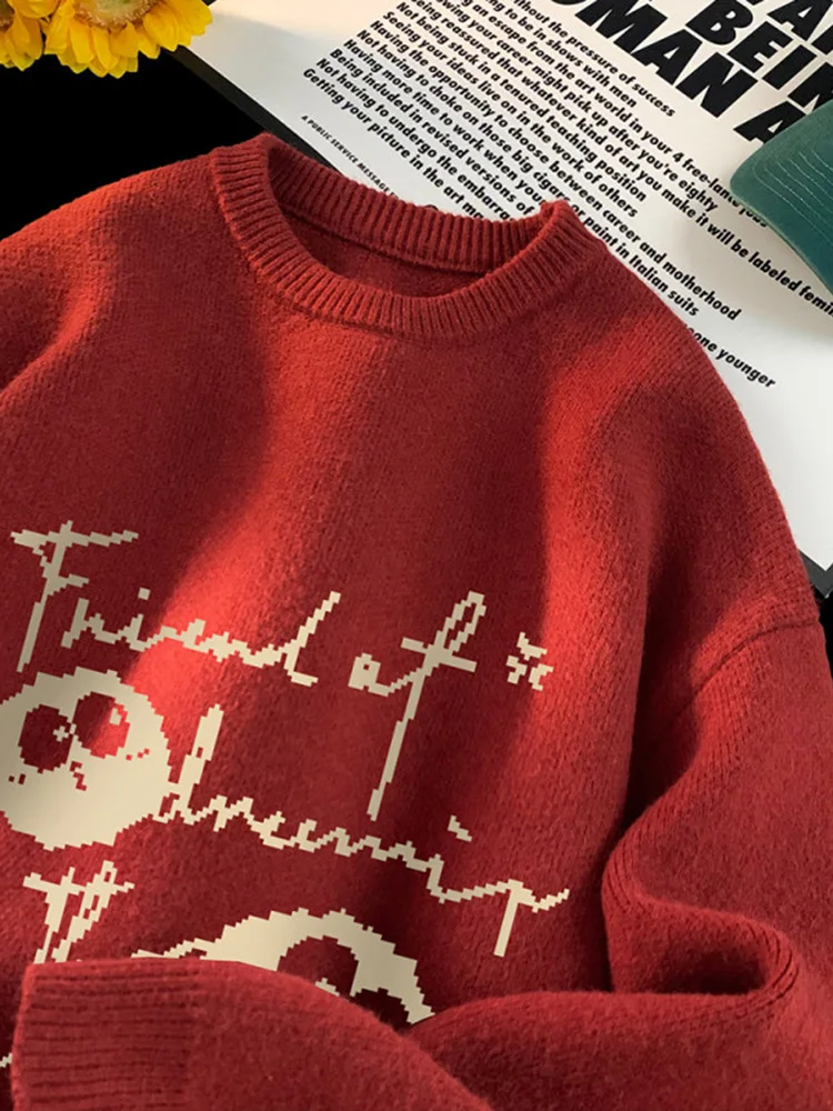 

Cartoon Print round Ne Sweater Men's Winter Lazy High-End Feeling Inner Wear Knitted Loose Bot Line irt for Teens