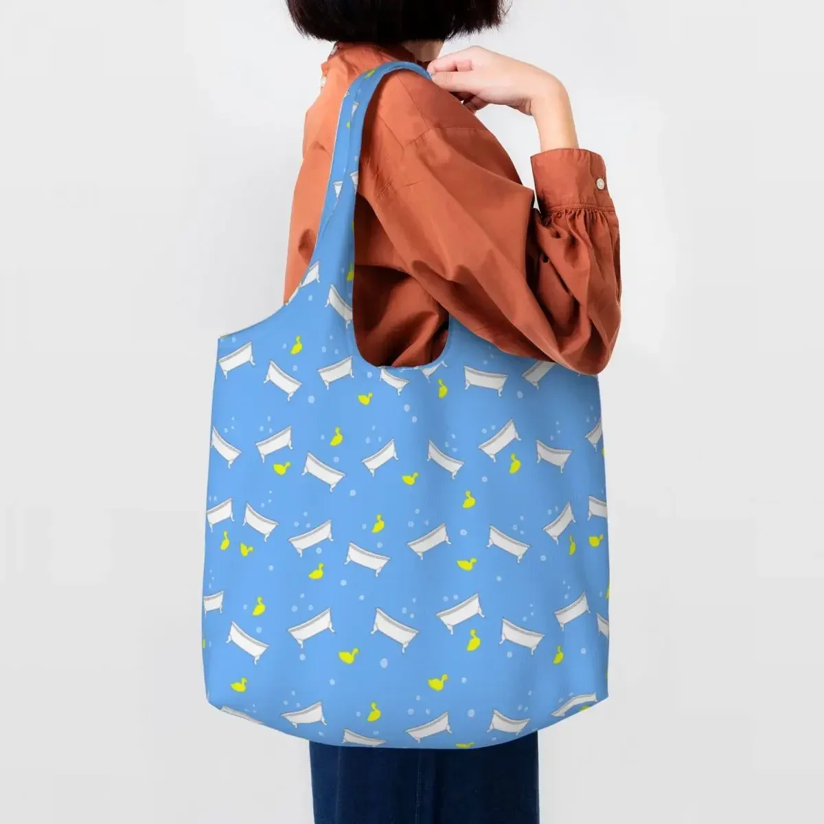 Custom Fashion Bathtub  Rubber Ducky Duck Lover Shopping Tote Bag Recycling Canvas Grocery Shoulder Shopper Bag