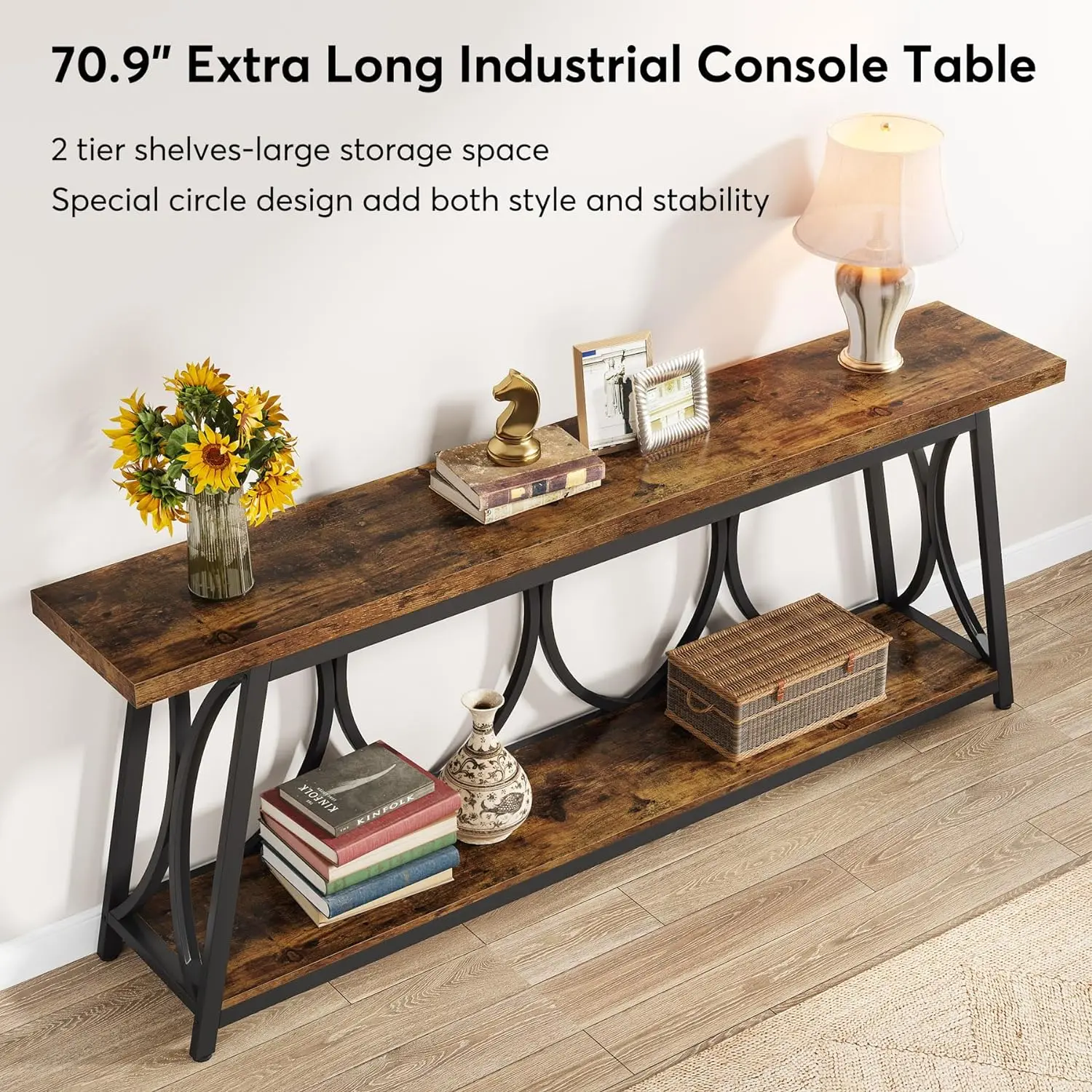 Table console extra longue de 70.9 pouces, table de canapé industriel derrière le canapé avec étagère de rangement à 2 niveaux, table d'appoint étroite pour entrée et couloir