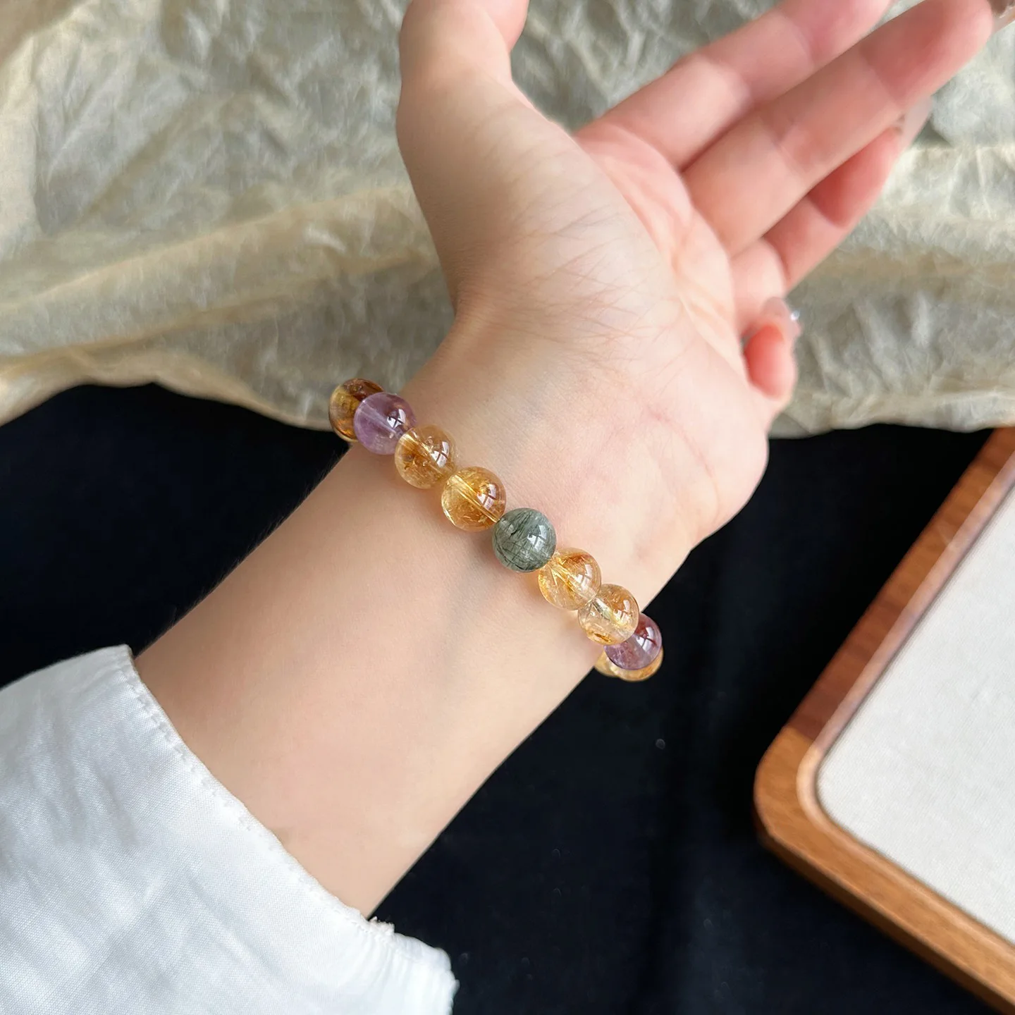 Chinese Style Natural Citrine Amethyst Rose Quartz Strawberry Crystal Handstring Bracelet Lucky Wealth Blessing Auspicious Women